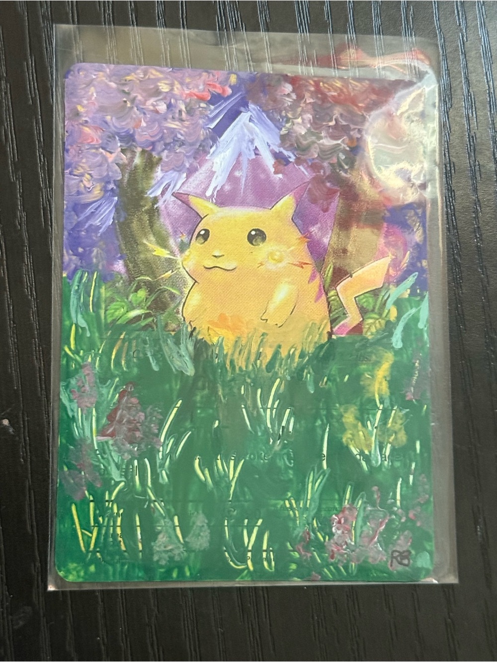 Hand painted Pokemon Pikachu Art Card Purple & Green Background